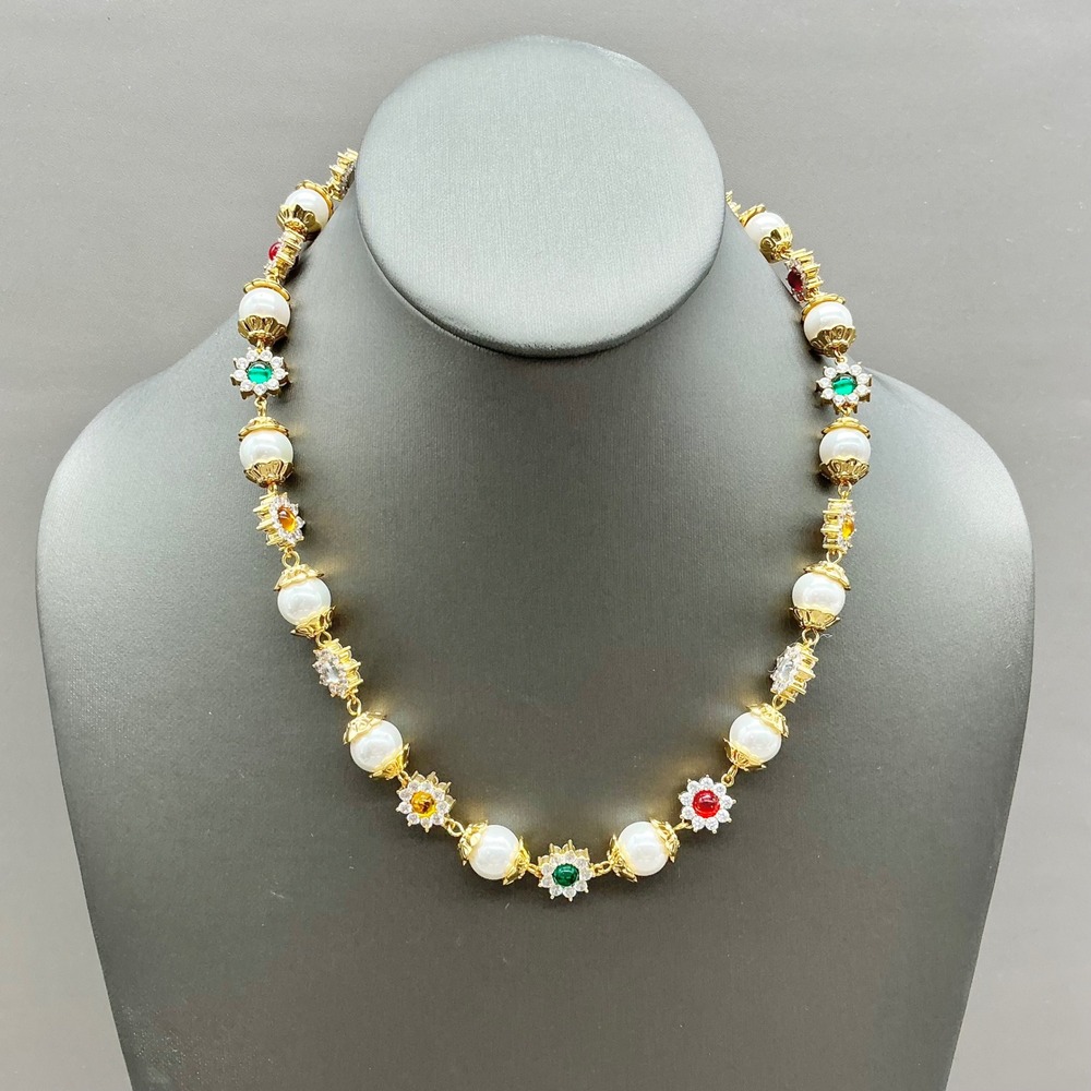 En Route Necklace Women Gold Multi Faux Pearl Floral Crystal Gemstone Choker